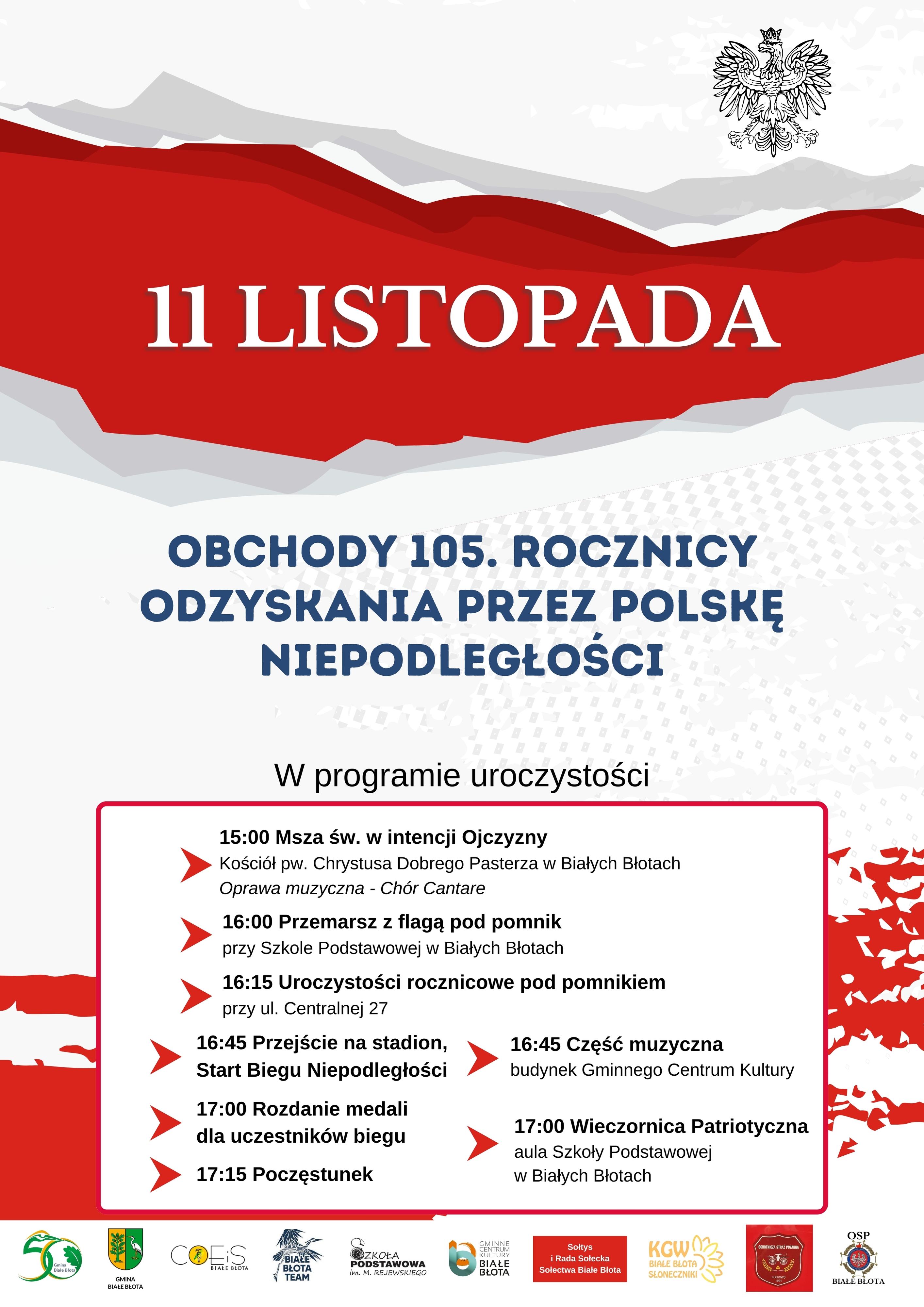 Plakat przedstawiający plan obchod&oacute;w 105. rocznicy odzyskania przez Polskę niepodległości