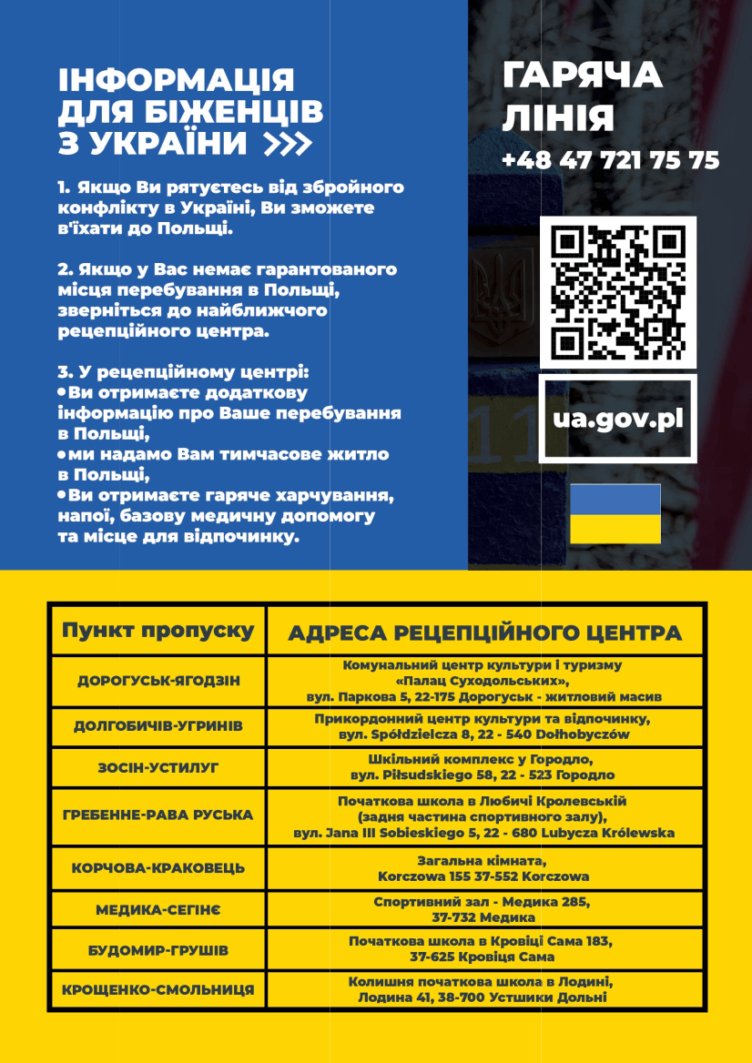 Informacja dla uchodźców z Ukrainy w języku ukraińskim