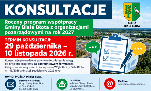Zdjęcie do Konsultacje projektu Rocznego programu wsp&oacute;łpracy Gminy Białe Błota z organizacjami pozarządowymi na rok 2027