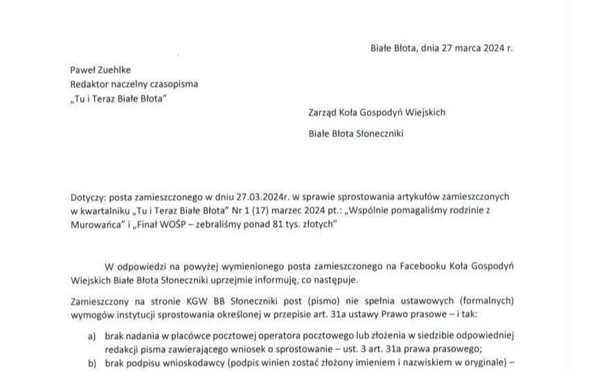 Zdjęcie do Odpowiedź Redaktora naczelnego czasopisma "Tu i Teraz Białe Błota" na publikację KGW BB Słoneczniki w mediach społecznościowych