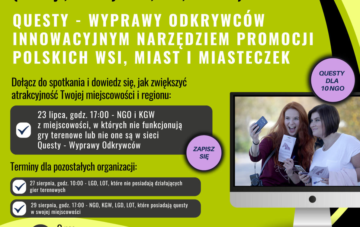 Zdjęcie do [NGO] Bezpłatny webinar pt. Questy &ndash; Wyprawy Odkrywc&oacute;w innowacyjnym narzędziem rozwoju polskich wsi, miast i miasteczek&rdquo;